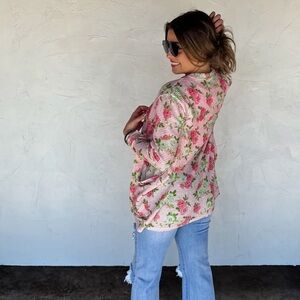 Floral Pink and Green waffle Cardigan